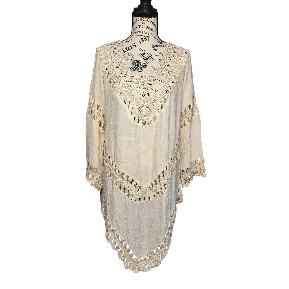 Unbranded Cream Crochet Macrame Boho Tunic Handkerchief Hem Festival Beach M/L